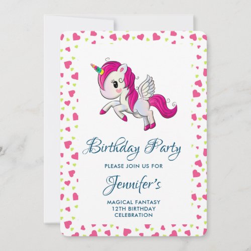 Cute Pink Unicorn with Wings Birthday Invitation