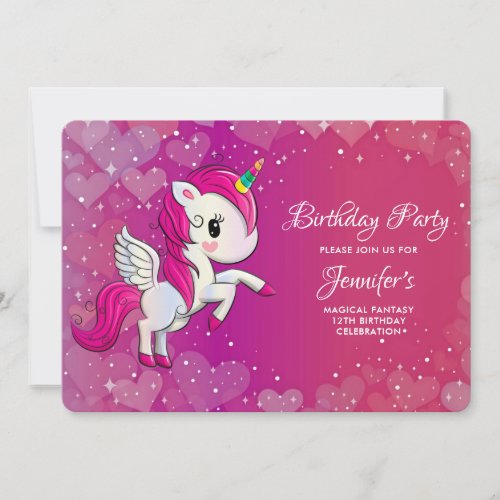 Cute Pink Unicorn with Wings Birthday Invitation