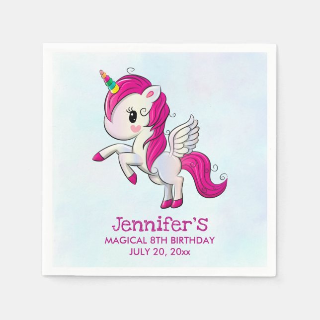 Cute Pink Unicorn with Wings Birthday Napkins (Front)