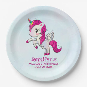 Cute Pink Unicorn with Wings Birthday Paper Plates