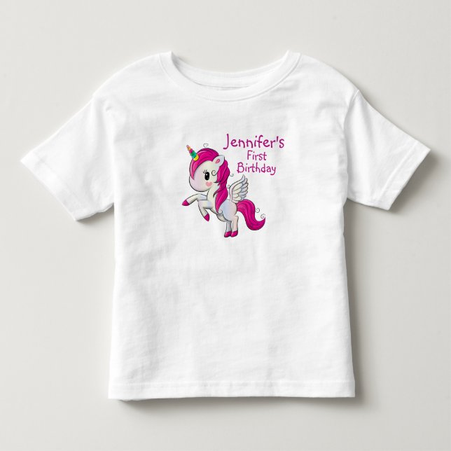 Cute Pink Unicorn with Wings Birthday Toddler T-shirt (Front)