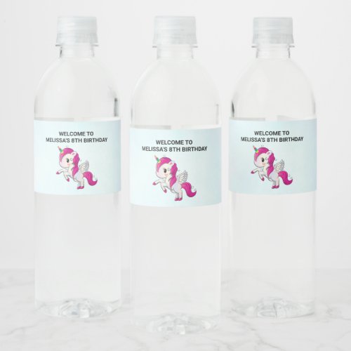 Cute Pink Unicorn with Wings Birthday Water Bottle Label