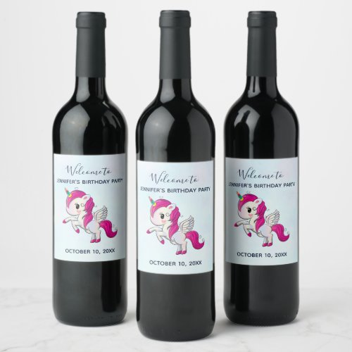 Cute Pink Unicorn with Wings Birthday Wine Label