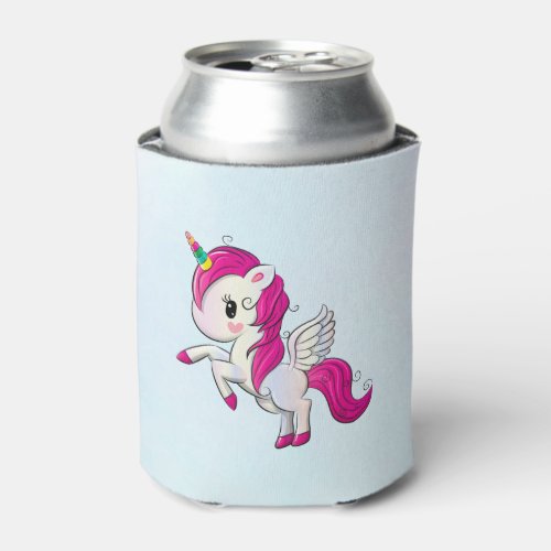 Cute Pink Unicorn with Wings Can Cooler