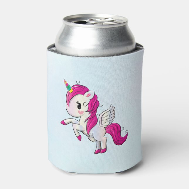 Cute Pink Unicorn with Wings Can Cooler (Can Front)