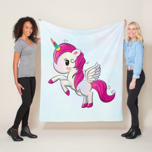 Cute Pink Unicorn with Wings Fleece Blanket