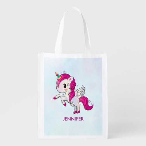 Cute Pink Unicorn with Wings Grocery Bag