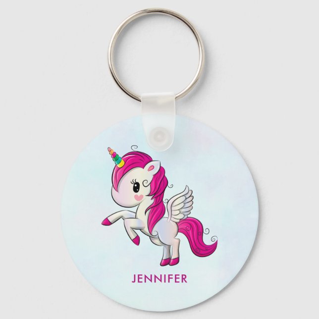 Cute Pink Unicorn with Wings Keychain (Front)