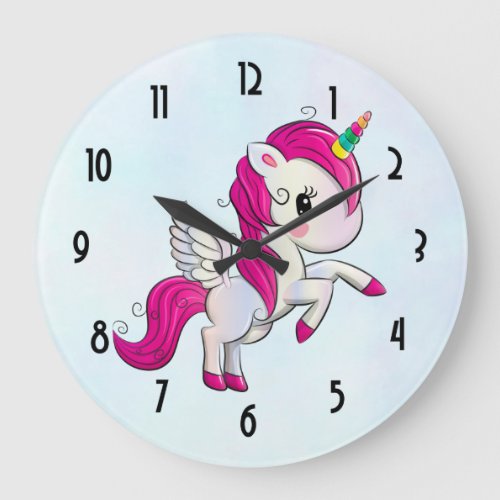 Cute Pink Unicorn with Wings Large Clock