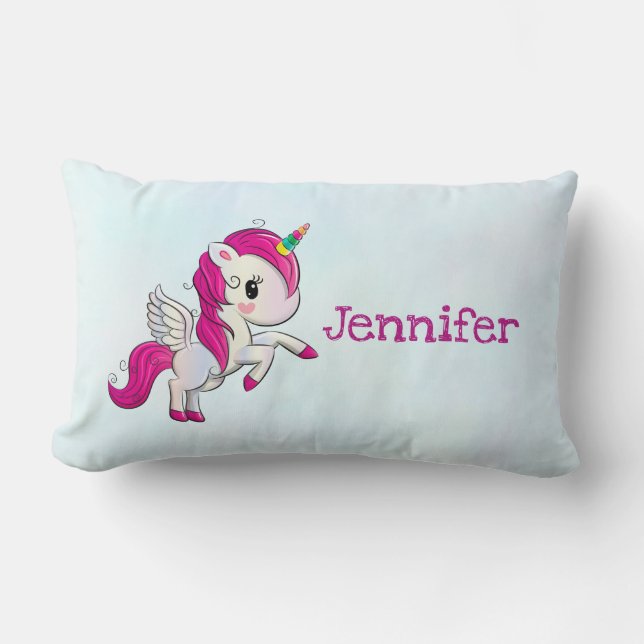 Cute Pink Unicorn with Wings Lumbar Pillow (Front)
