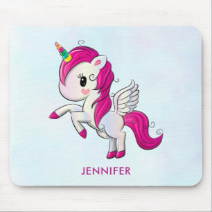 Cute Pink Unicorn with Wings Mouse Pad