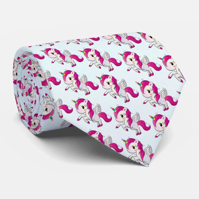 Cute Pink Unicorn with Wings Pattern Neck Tie (Rolled)