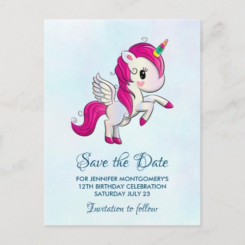 Cute Pink Unicorn with Wings Save the Date Postcard