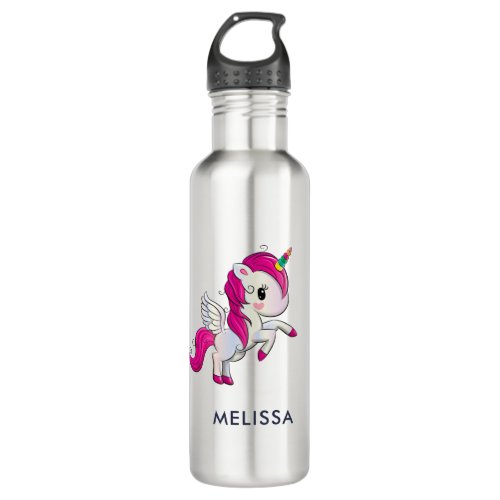 Cute Pink Unicorn with Wings Stainless Steel Water Bottle