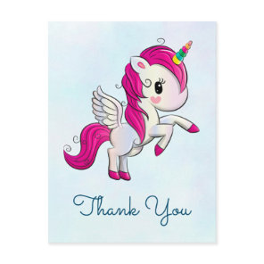 Cute Pink Unicorn with Wings Thank You Postcard