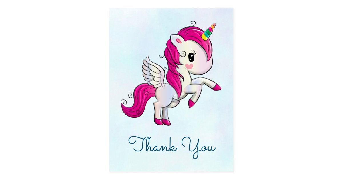 Cute Pink Unicorn With Wings Thank You Postcard Zazzle Com