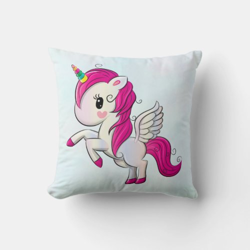 Cute Pink Unicorn with Wings Throw Pillow