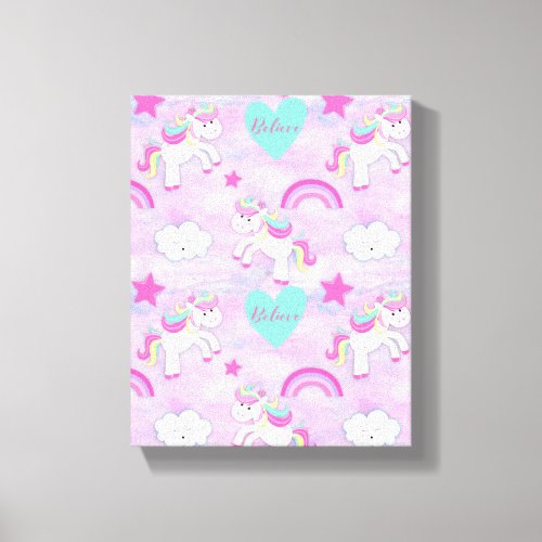 Cute Pink Unicorns Believe Pastel Pink Canvas Print