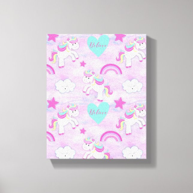 Cute Pink Unicorns Believe Pastel Pink Canvas Print (Front)