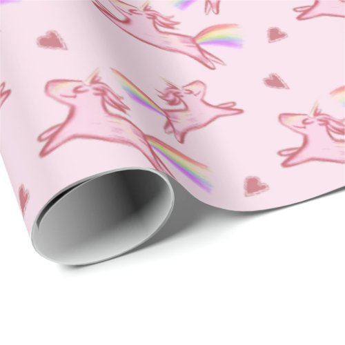 Cute Pink Unicorns  Hearts Doodles Pattern Wrapping Paper