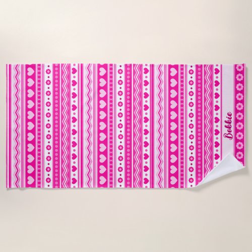 Cute Pink Valentineâs Day Heart and Flowers Girly  Beach Towel