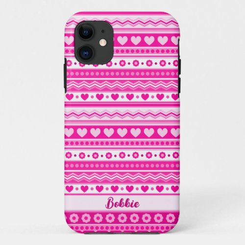 Cute Pink Valentineâs Day Heart and Flowers Girly  iPhone 11 Case