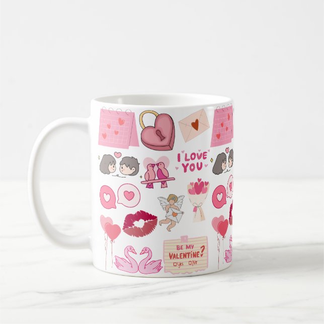 Cute Pink Valentine’s Day Love Doodles Collection Coffee Mug (Left)