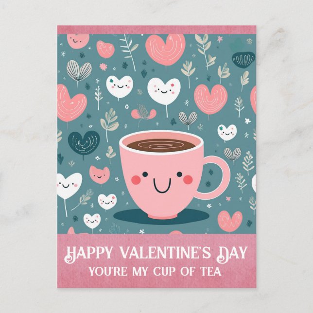 Cute Pink Valentines Day Cup of Tea Hearts Postcard (Front)
