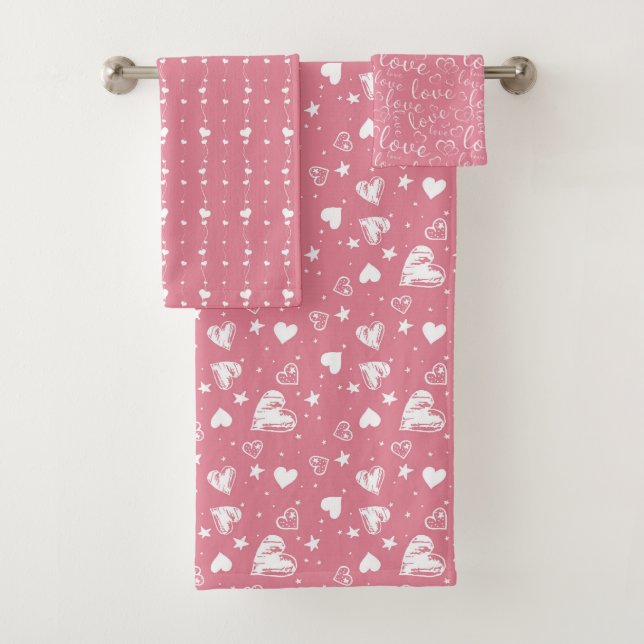 Cute Pink Valentine's Day Hearts and Love Bath Towel Set (Insitu)