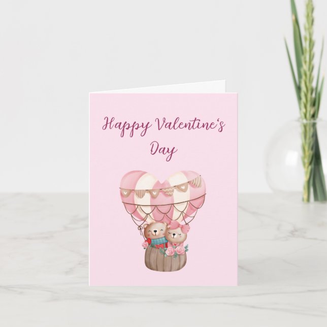 Cute pink Valentine's Day teddy bear balloon Card (Front)
