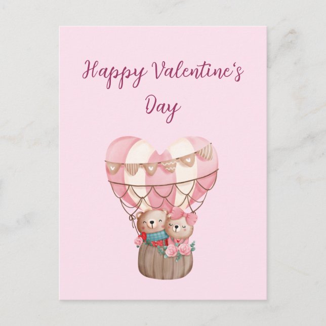 Cute pink Valentine's Day teddy bear balloon Postcard (Front)