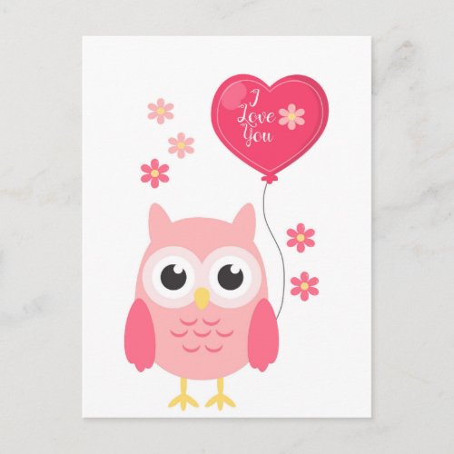 Cute Pink Valentines Owl I Love You Holiday Postcard