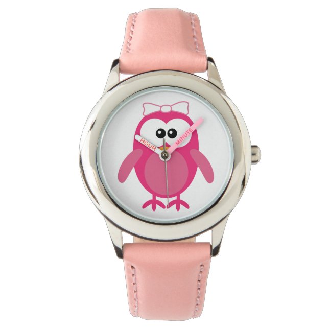 Cute Pink Vector Owl with Ribbon Watch (Front)