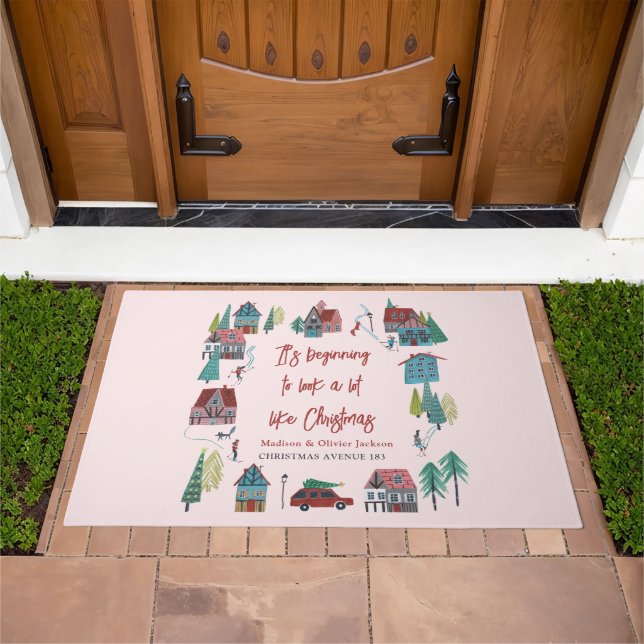 Cute Pink Village Christmas Party Doormat (Outdoor)