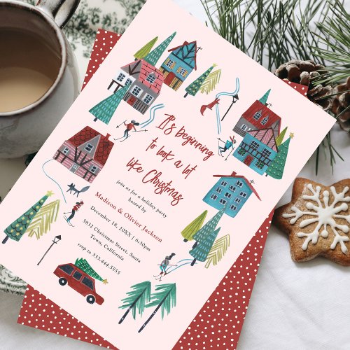 Cute Pink Village Christmas Party Invitation