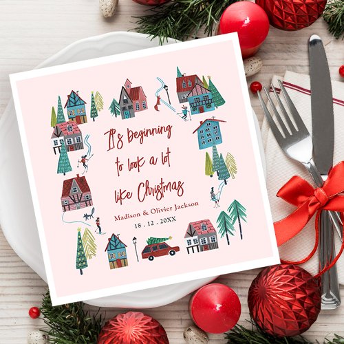 Cute Pink Village Christmas Party Napkins