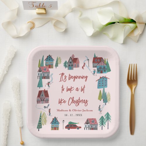Cute Pink Village Christmas Party Paper Plates