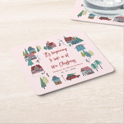 Cute Pink Village Christmas Party Square Paper Coaster