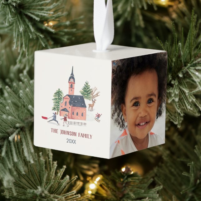Cute pink Village Christmas Photo Cube Ornament (Tree)