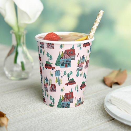Cute Pink Village Pattern Christmas  Paper Cups