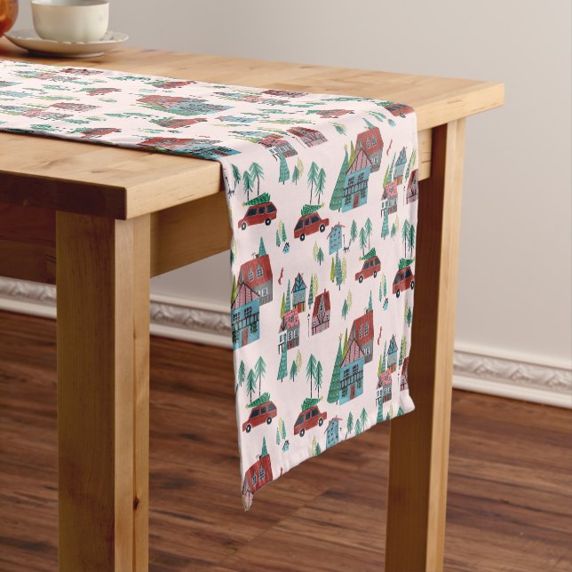 Cute Pink Village Pattern Christmas  Short Table Runner (In Situ)