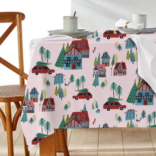 Cute Pink Village Pattern Christmas  Tablecloth