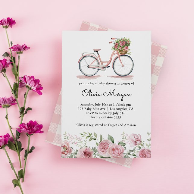Cute Pink Vintage Bicycle Girl Baby Shower Invitation (Creator Uploaded)