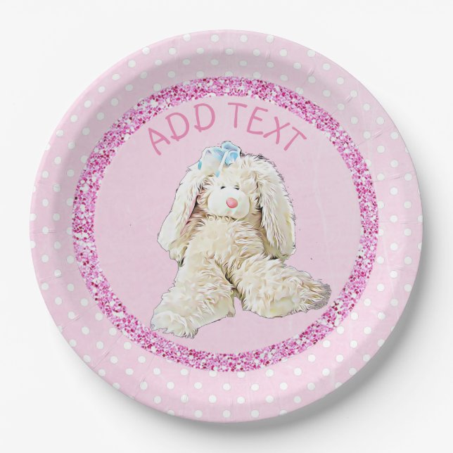 Cute pink Vintage Bunny Rabbit Party Paper Plates (Front)