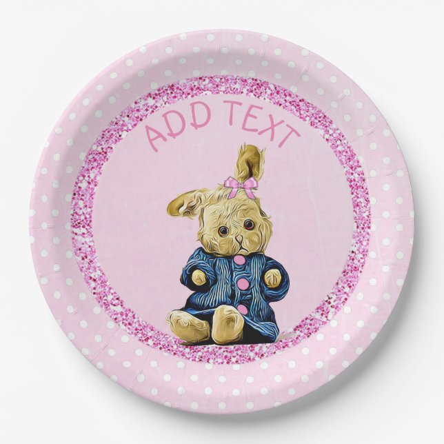 Cute pink Vintage Bunny Rabbit Party Paper Plates (Front)