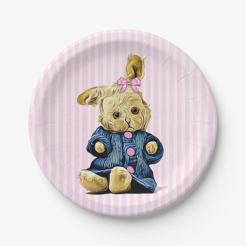 Cute pink Vintage Bunny Rabbit Party Paper Plates