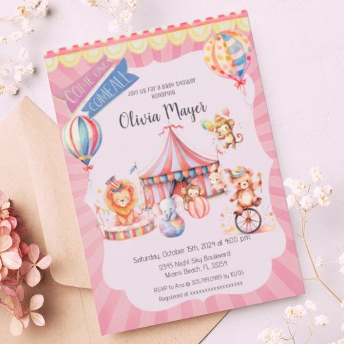 Cute Pink Vintage Carnival Circus Baby Shower  Invitation