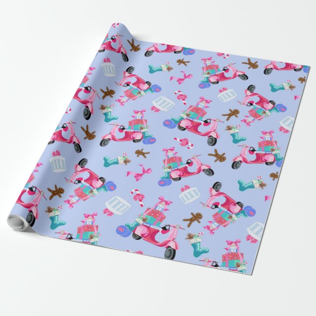 Cute Pink Vintage Christmas Scooter Wrapping Paper (Unrolled)