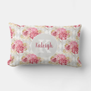 Cute Pink Vintage Floral White Gray Harlequin Lumbar Pillow