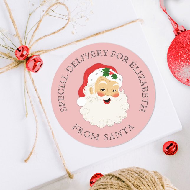 Cute Pink Vintage Santa Claus Christmas Classic Round Sticker (A cute pink Vintage Santa Claus Christmas Sticker. Personalize it with your name.)